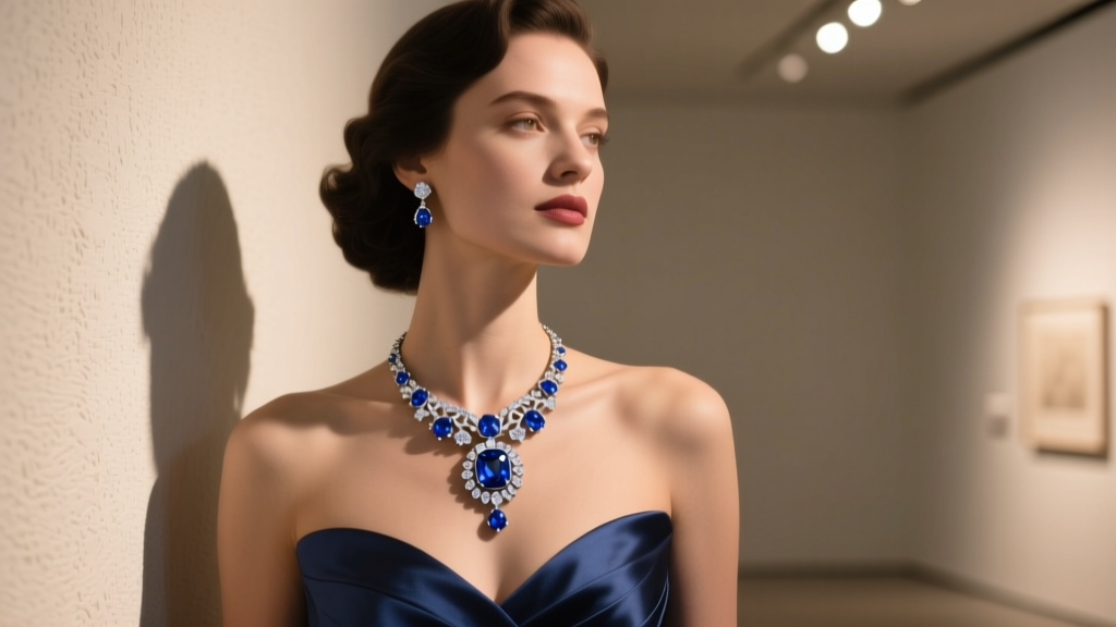 Woman in an evening gown wearing a vintage-inspired blue sapphire and diamond halo pendant under warm, soft gallery lighting