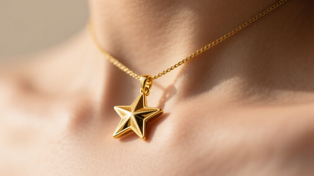 Close-up of a 14k yellow gold star pendant on a collarbone, showing slight edge dullness under natural sunlight