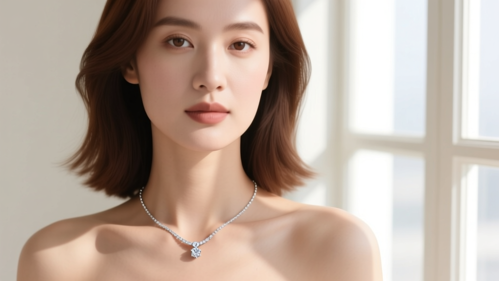 Woman wearing a delicate platinum spring ring clasp necklace with a small diamond pendant resting elegantly at her collarbone