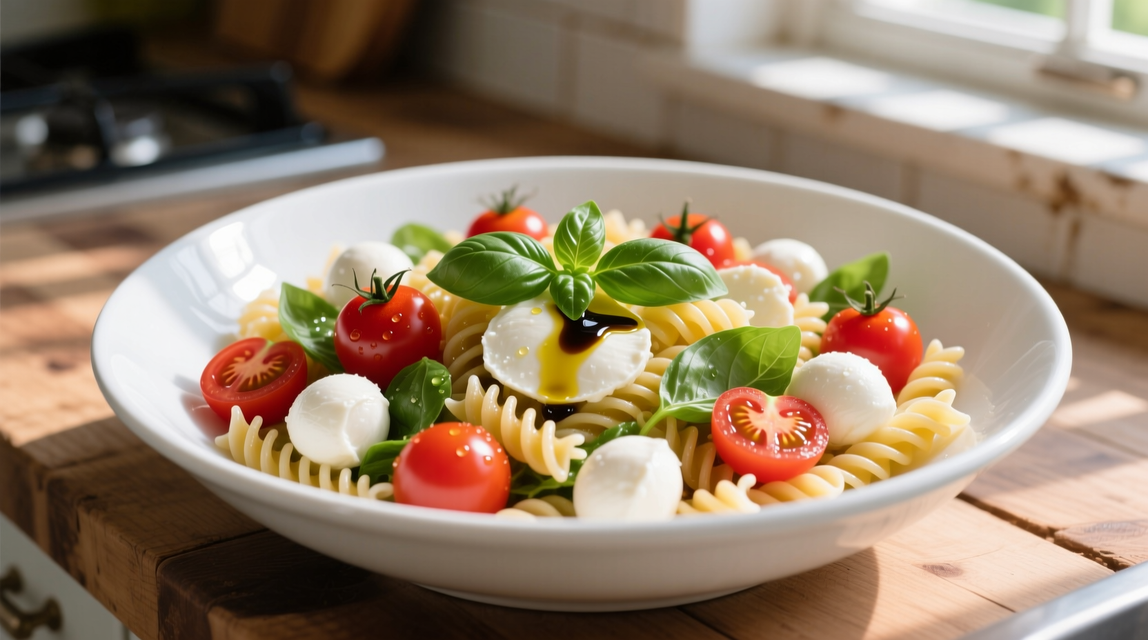 Colorful tomato basil mozzarella pasta salad in white bowl