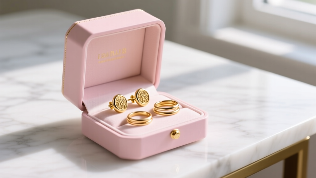 18k gold stud earrings and thin stacking rings neatly organized inside a pastel pink modern compact jewelry case on a marble desk.