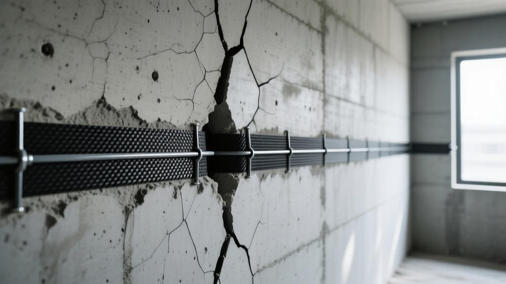 Close-up of a horizontal crack running across a poured concrete basement wall with carbon fiber straps installed for structural reinforcement