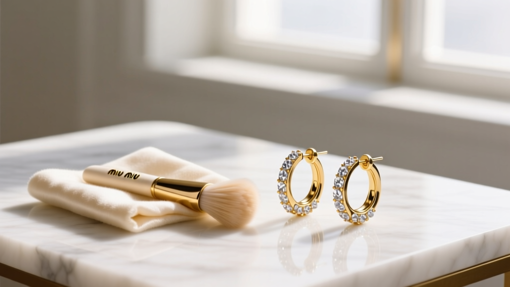 Jewelry care kit with anti-tarnish cloth and soft brush resting beside gold-plated Miu Miu crystal hoop earrings.