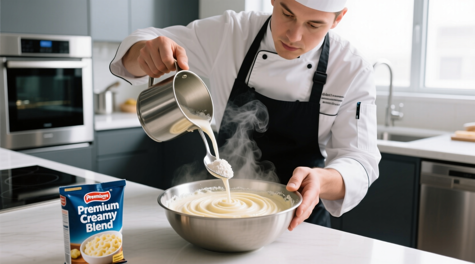 Professional chef preparing instant mashed potatoes with proper technique