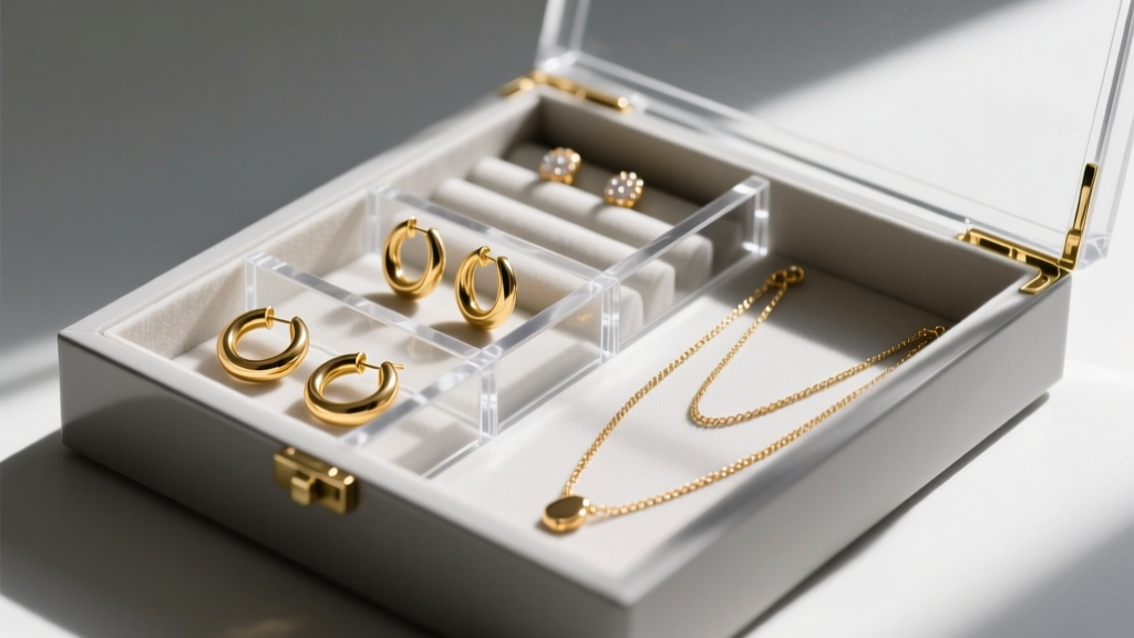 Side angle of a modular acrylic insert inside a Wayfair jewelry box, separating gold hoops and delicate 18-inch chain necklaces.