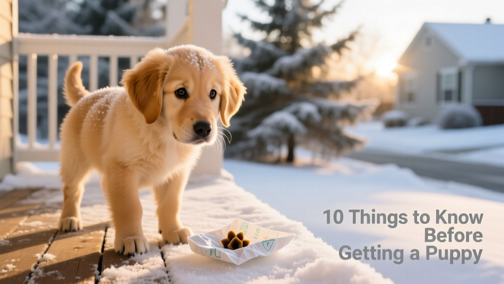 A puppy on a snowy porch with a small pee pad nearby, looking confused but alert