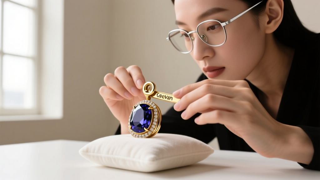 Jeweler inspecting an 18k gold omega clip backing on a heavy gemstone Sevan earring to ensure proper earlobe support and comfort.
