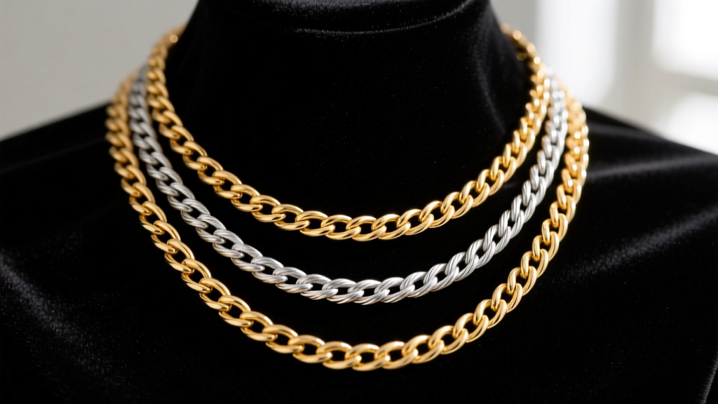 Macro shot of a layered necklace look showing a 14k gold rope chain intertwined with a silver cable chain on dark velvet