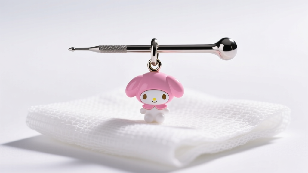 Macro photo of 20g titanium post with a pink My Melody charm, resting on white medical gauze under bright, clean studio lighting.