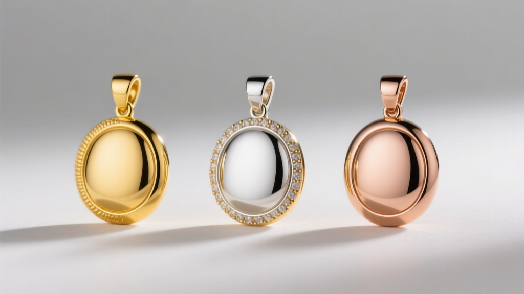 Macro photography comparing three 14k gold mama pendants side-by-side in yellow, white, and rose gold under soft studio lighting.