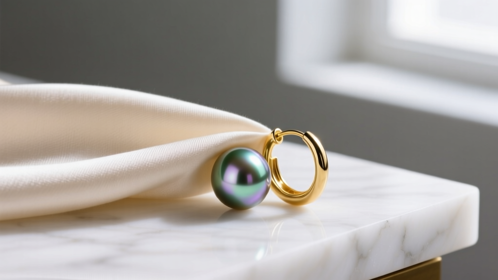Soft cloth gently wiping an 18k gold hoop earring with a round Tahitian pearl on a clean marble surface in soft natural light.