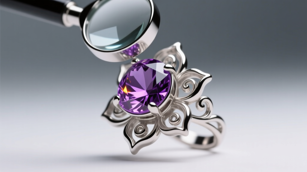 Close-up of a loupe inspecting a bezel-set amethyst stone in a sterling silver floral earring under bright studio lighting.