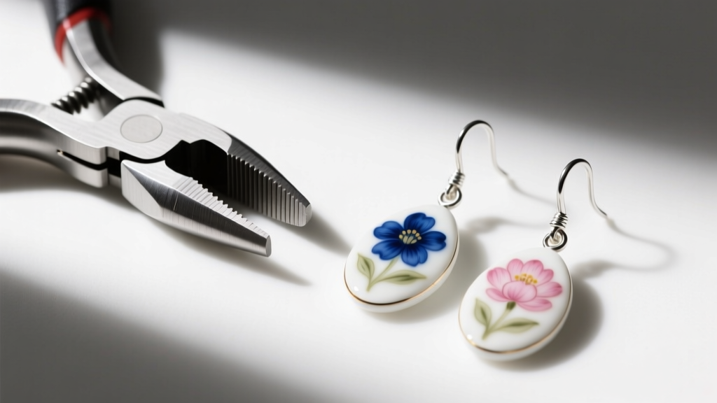 Close-up of 20-gauge sterling silver ear wires shaped with nylon pliers beside finished floral porcelain china drop earrings