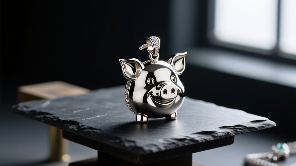 Polished steel John Pork character pendant resting on a dark slate jeweler