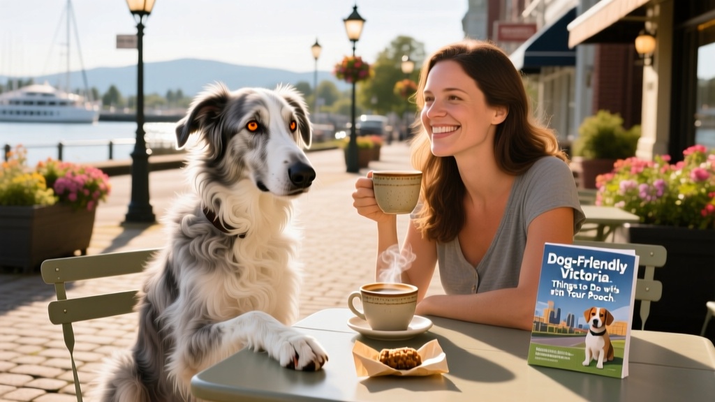 A friendly Irish Wolfhound sitting calmly beside its owner at an outdoor café table with coffee and a small dog treat