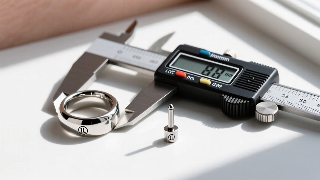 Flat lay of a digital caliper measuring the 8mm inner diameter of a seamless titanium huggie ring next to a 16 gauge labret stud