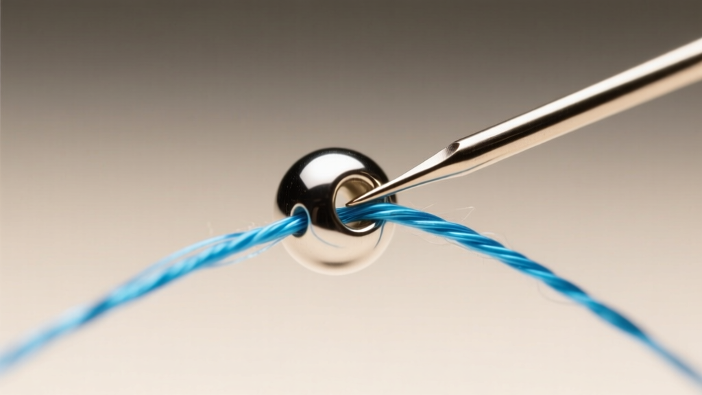 Close-up of a size 12 beading needle threading 6lb Fireline micro-fused thread through the 0.8mm hole of a metallic seed bead
