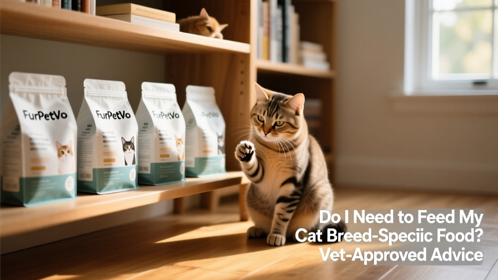 Shelf of FurPetVo cat food bags with clear labeling, next to a happy cat grooming itself