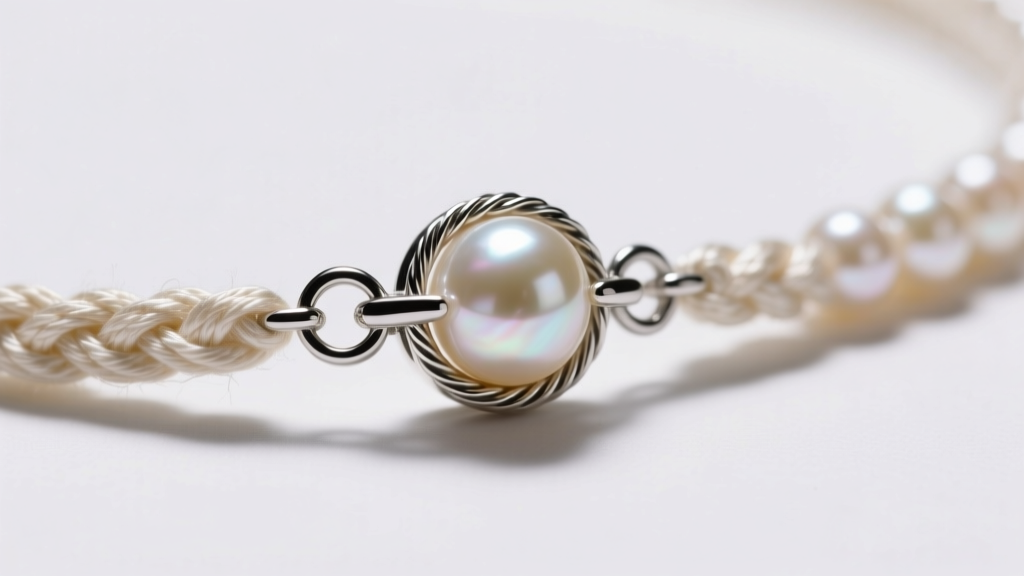 Close-up of a pearl necklace clasp showing French wire gimp protection and hand-knotted silk thread detail under studio lighting.