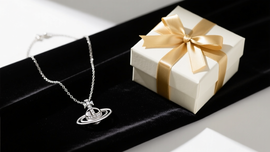 Elegant flat lay of a silver Vivienne Westwood Mini Baseline Orb necklace on dark velvet next to a wrapped luxury gift box