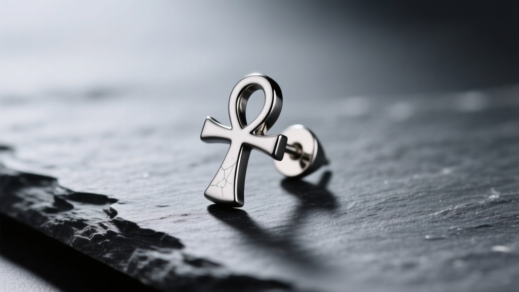 Macro view of a titanium ankh stud earring on dark slate, highlighting its matte finish and implant-grade hypoallergenic texture.