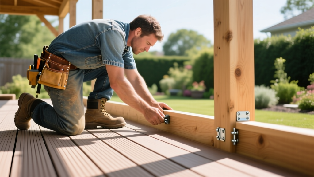 Carpenter installing grooved composite decking with hidden fastener clips on pressure-treated pine joist frame during sunny afternoon