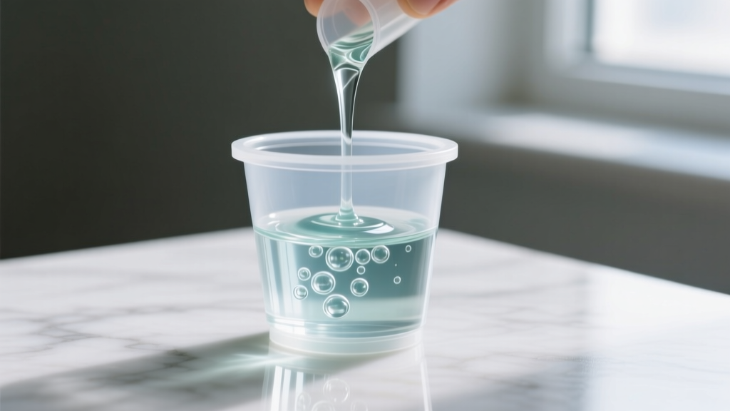 Macro shot of clear two-part epoxy resin being mixed in a silicone cup, showing a smooth, bubble-free consistency for casting