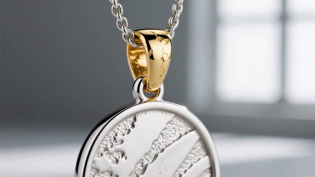 Macro shot of a sterling silver medallion necklace bail showing gold vermeil plating wear near the jump ring connection point.