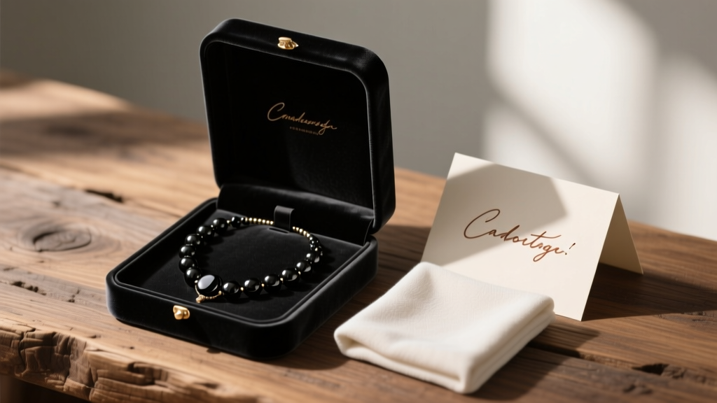 Open velvet gift box holding a black onyx seed bead necklace, a microfiber cloth, and a handwritten card on rustic oak wood
