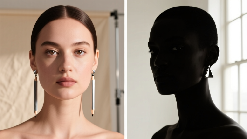 Editorial split-screen showing a round face model wearing long silver pencil dangles and a square face model wearing short drops.
