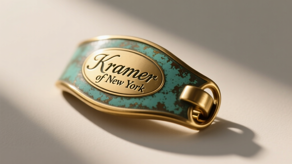 Macro photography of a vintage brass jewelry clasp stamped with the script Kramer of New York hallmark showing slight patina