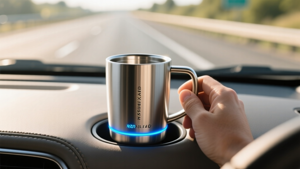 Stainless steel smart travel mug resting in a truck dashboard cup holder, displaying a glowing LED temperature indicator.