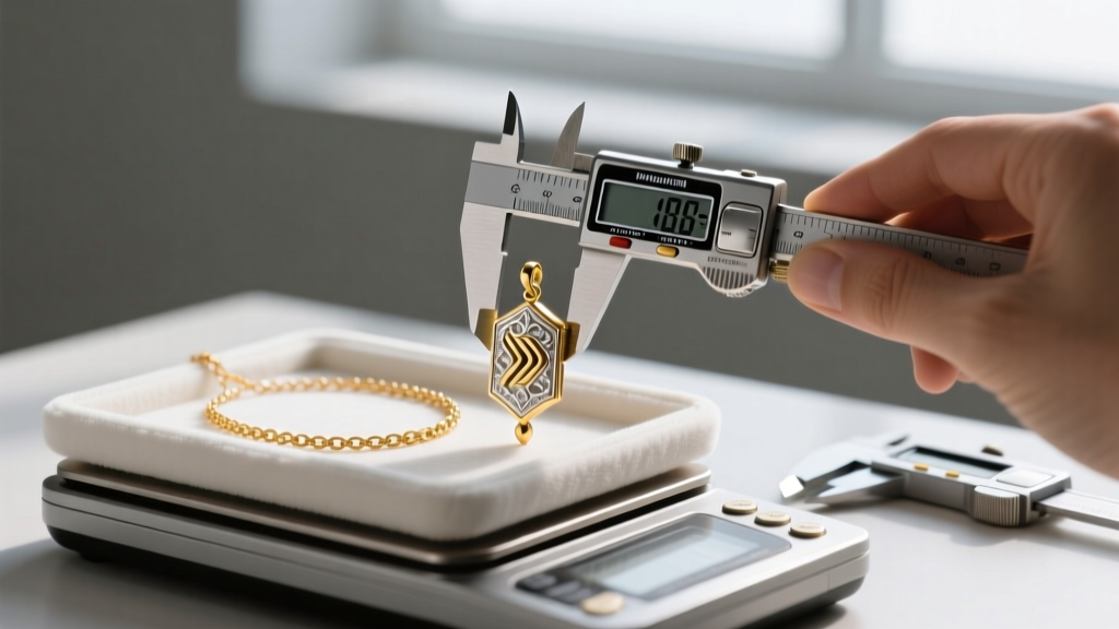 Jeweler weighing an 18k gold mezuzah necklace on a digital scale, with a caliper measuring the pendant dimensions nearby