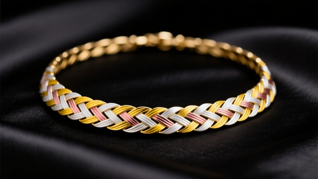 A 4mm tri color herringbone necklace on dark silk, showing yellow, rose, and white gold woven tones under soft studio lighting.