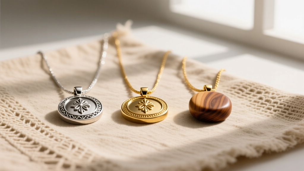 Sterling silver, 14k gold, and sandalwood buddha pendants on textured beige linen fabric, overhead flat lay studio lighting setup.