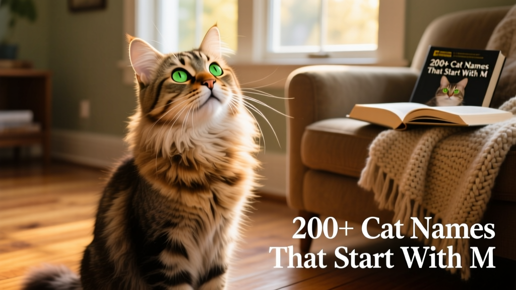 A curious long-haired tabby cat gazing upward with bright, expressive eyes