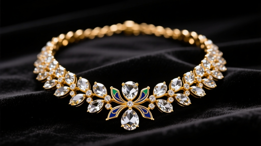 Close-up of a gold-tone fashion necklace with glass crystals and enamel details resting on dark velvet in soft lighting