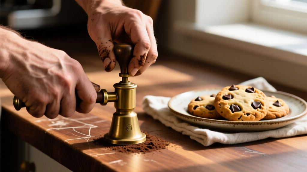Close-up of hands pressing a manual espresso lever on a wooden counter, with freshly baked chocolate chip cookies cooling in the blurred background.