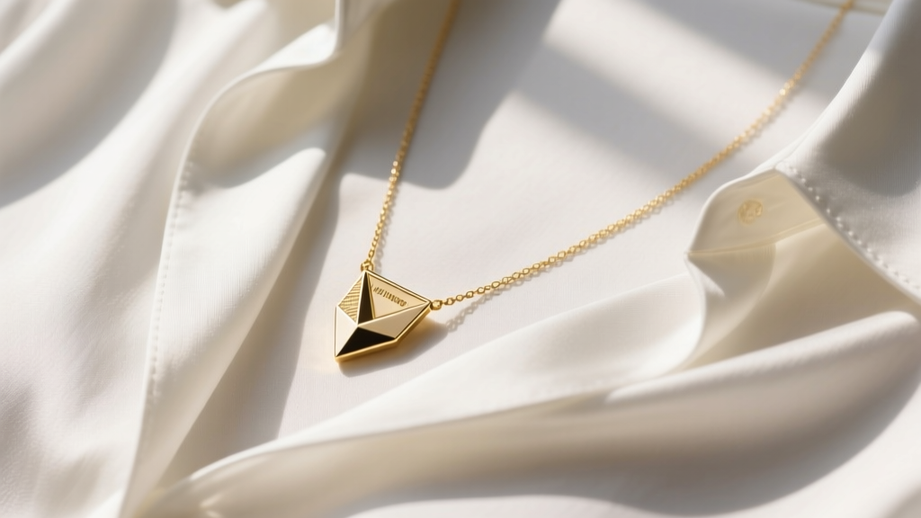 Delicate gold-plated minimalist pendant necklace resting on a crisp white silk blouse, soft morning light, top-down view