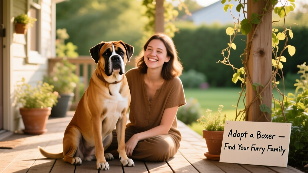 A friendly adult Boxer sitting calmly beside a smiling person on a sunlit porch