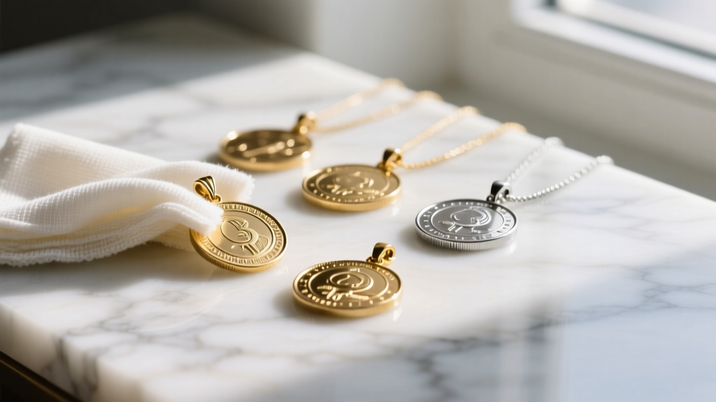 Gold and silver coin pendants on a marble surface, gently wiped with a soft microfiber cloth and a non-abrasive cleaning solution.