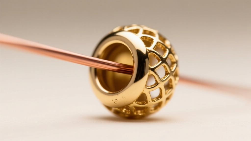 Close-up of a 22-gauge copper headpin threading through a gold-filled filigree bead cap, showing precise wire and hole alignment.
