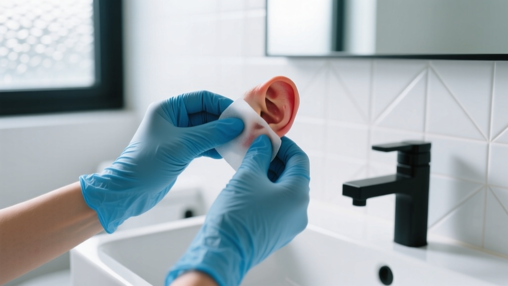 Hands in blue nitrile gloves applying a warm sterile saline compress to an irritated earlobe, clean modern bathroom background