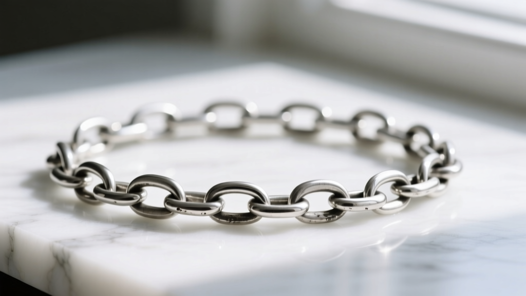Sterling silver figaro chain on white marble, showing slight natural oxidation inside the crevices of the elongated oval links