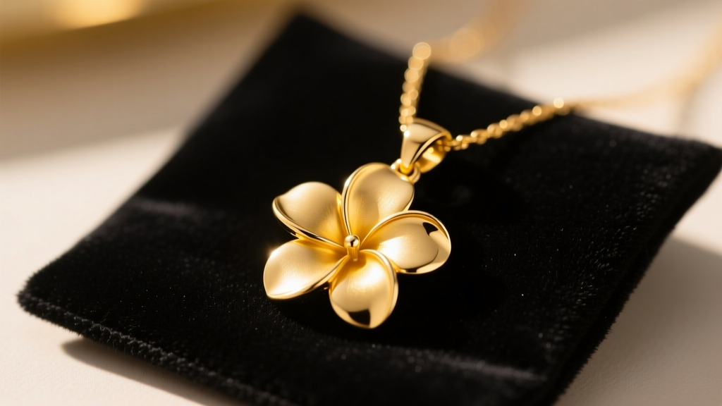 Close-up of a 14k yellow gold Hawaiian plumeria flower necklace pendant resting on dark velvet jewelry cleaning mat in soft light.