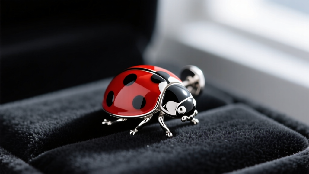Macro photo of a sterling silver ladybug stud earring with glossy black and red vitreous enamel spots resting on dark velvet.