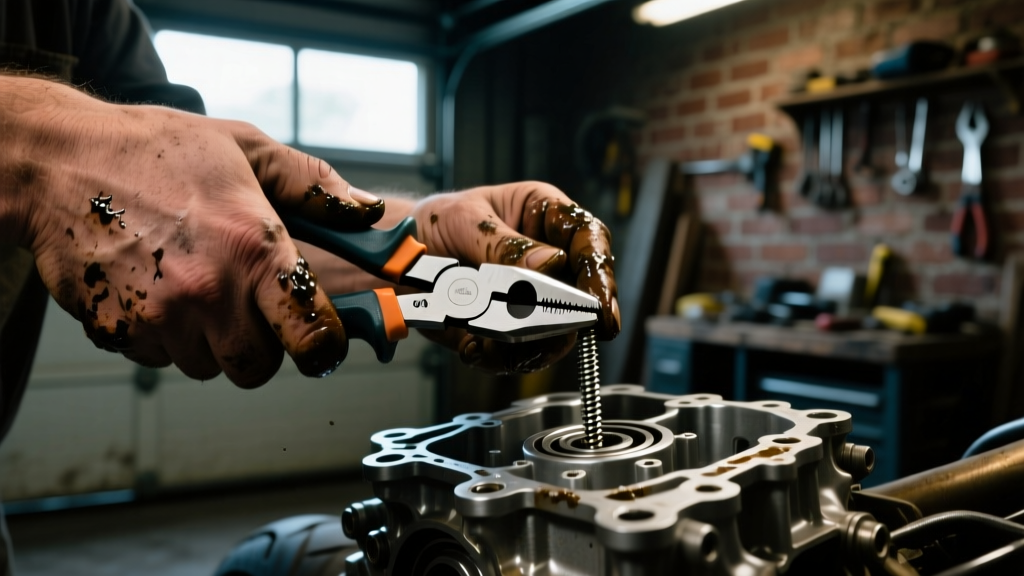 Grease-stained hands using Vampliers VT001 pliers to extract a stripped Torx screw from a motorcycle engine casing in a dim garage.