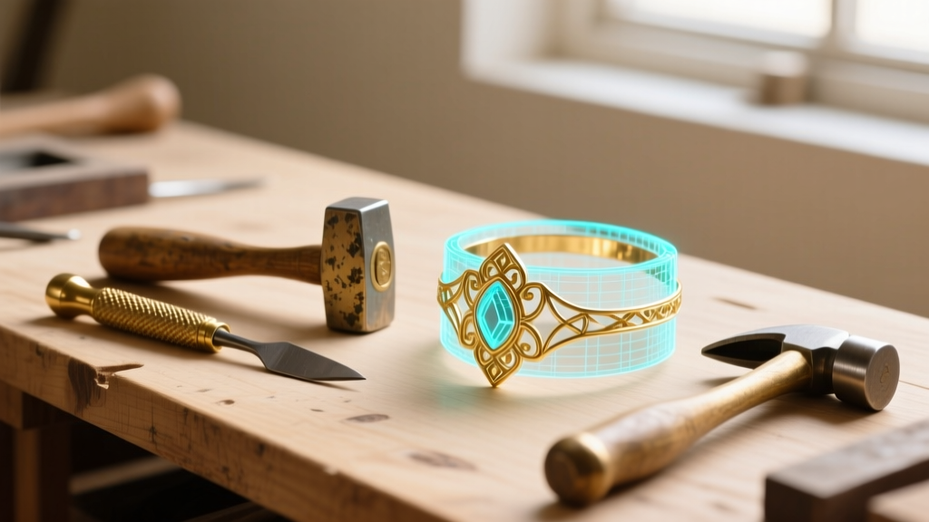 Traditional gold repousse tools resting beside a 3D CAD jewelry wireframe rendering on a clean wooden jeweler's workbench top