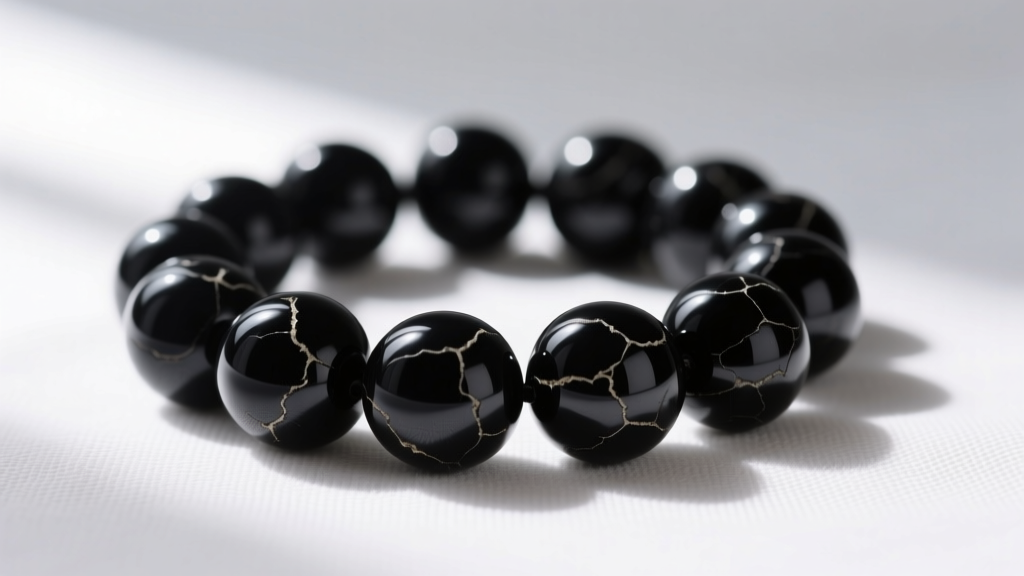 Macro shot of polished black coral beads on white linen, showing a matte-black organic finish under soft natural window lighting.