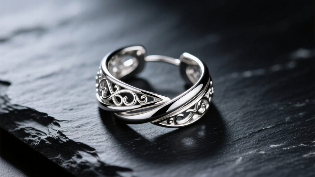 Close-up of a sterling silver wrap around earring resting on dark slate, illuminated by soft directional studio lighting.